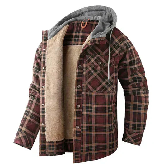 Mens Shirt Jacket Hooded Plaid Pattern