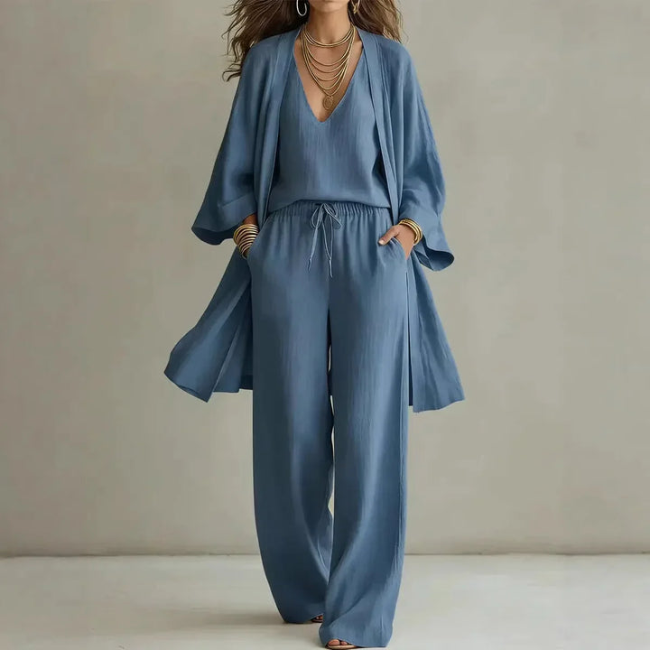 Womens Linen Three-Piece Set Cardigan and Trousers Relaxed Fit