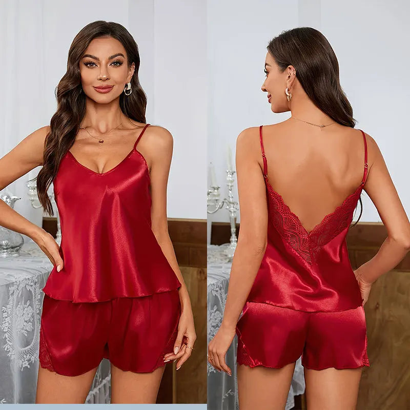 Womens Sleeveless Satin Cami and Lace Shorts Set