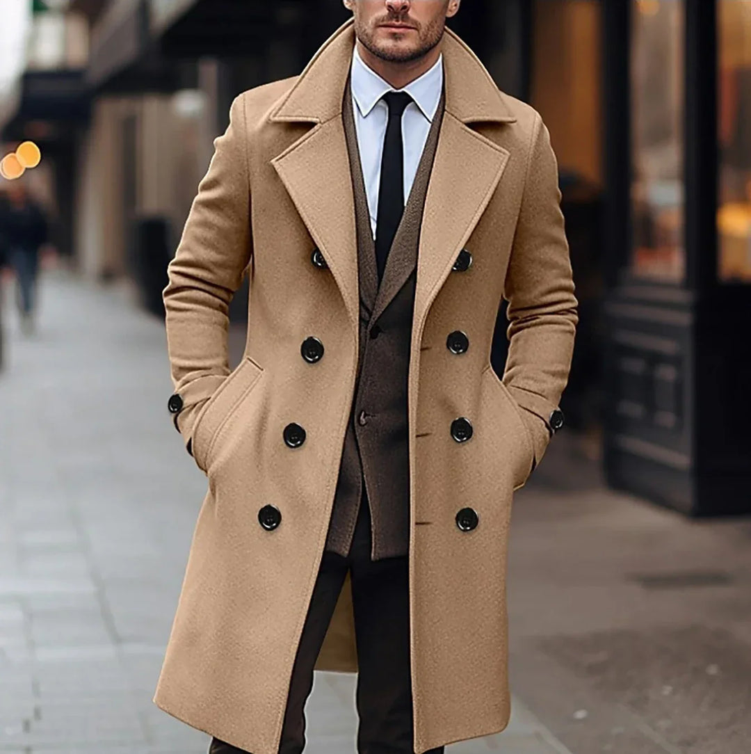 Mens Double Breasted Coat Wool Blend Mid-Length Casual Fit