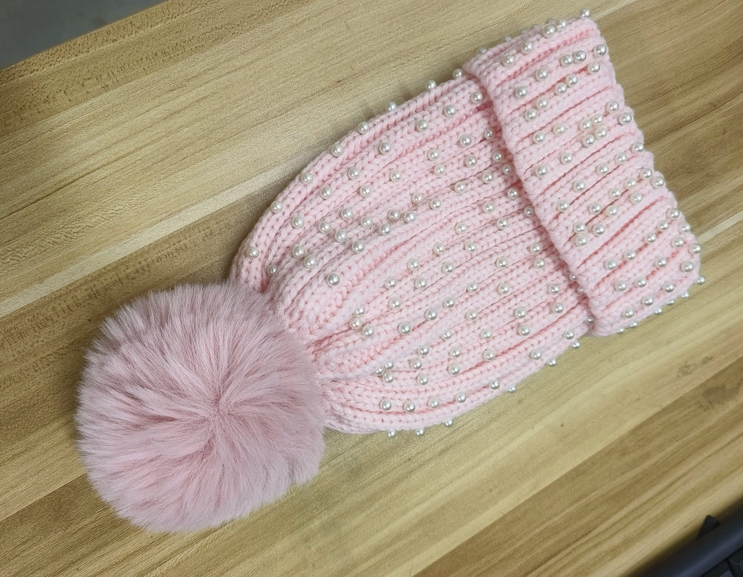 Unisex Winter Knit Hat with Beaded Pom Pom