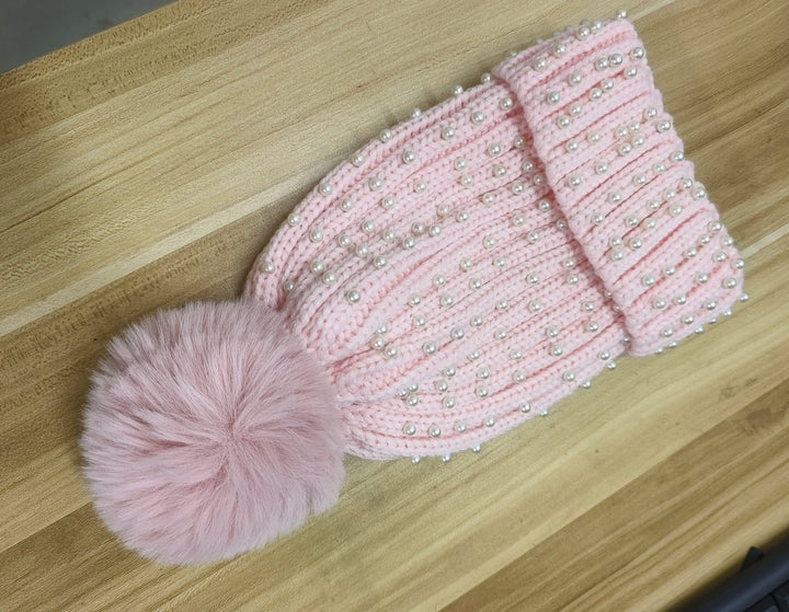 Unisex Winter Knit Hat with Beaded Pom Pom