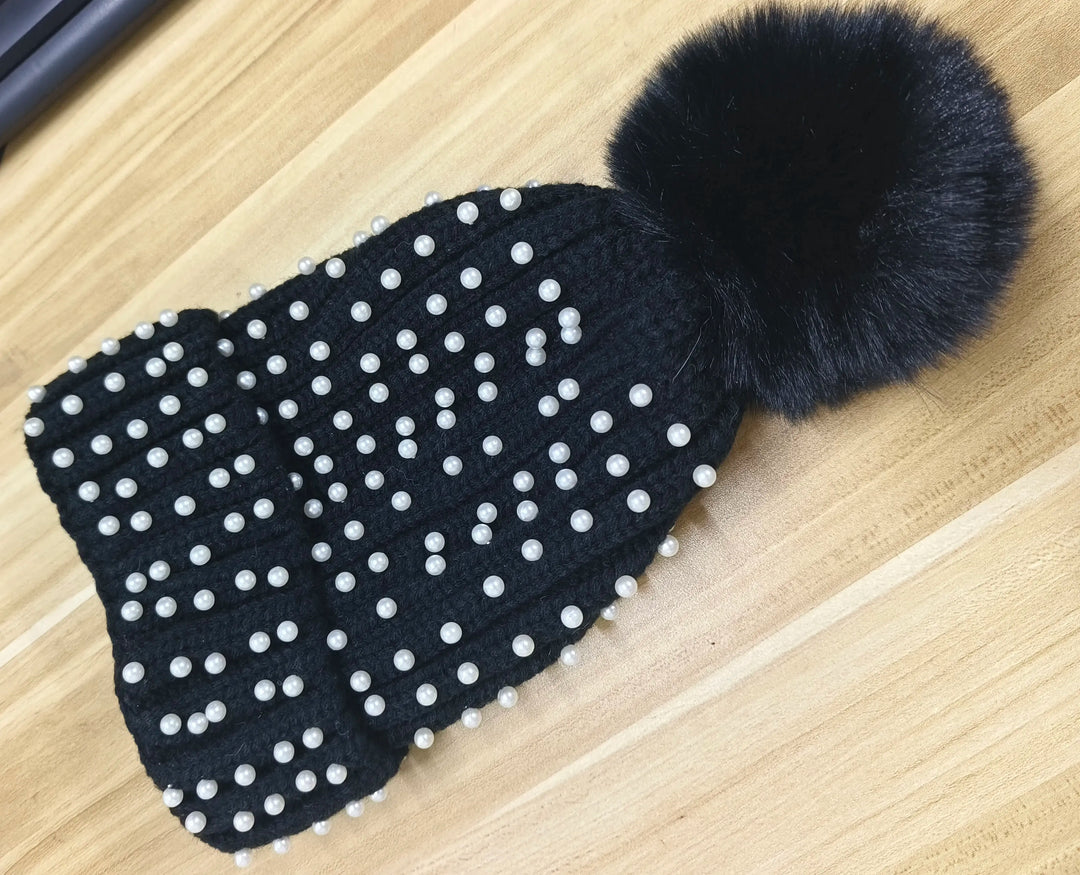 Unisex Winter Knit Hat with Beaded Pom Pom