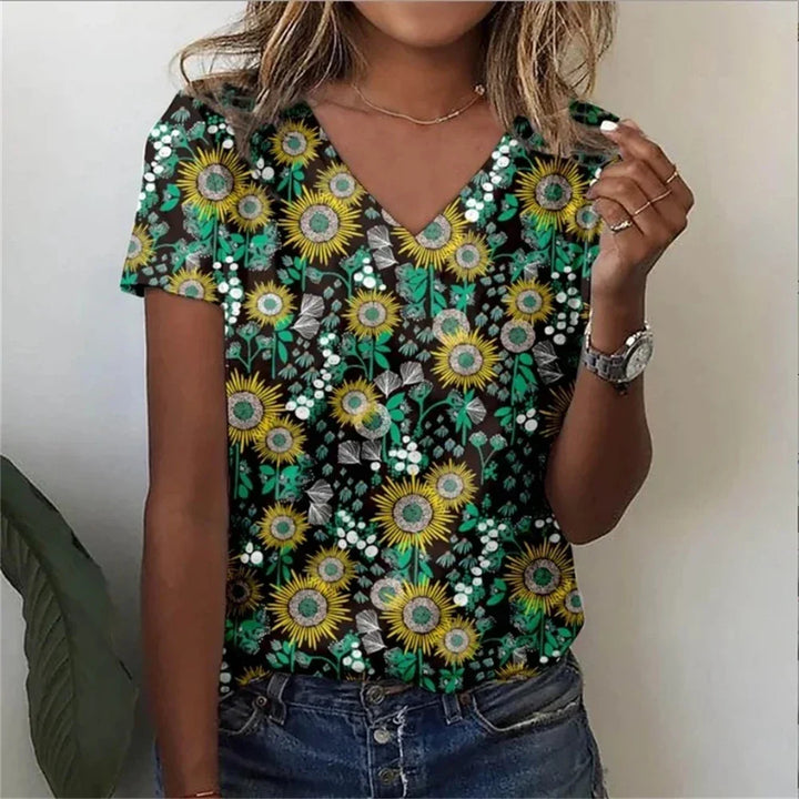 Womens V-Neck T-Shirt Cotton Loose Fit Casual