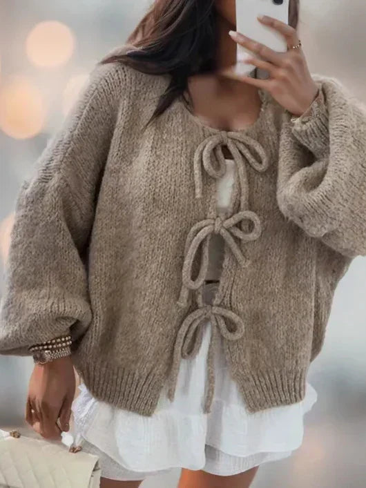 Womens Knit Cardigan with Tie-Front V-Neck Batwing Sleeve