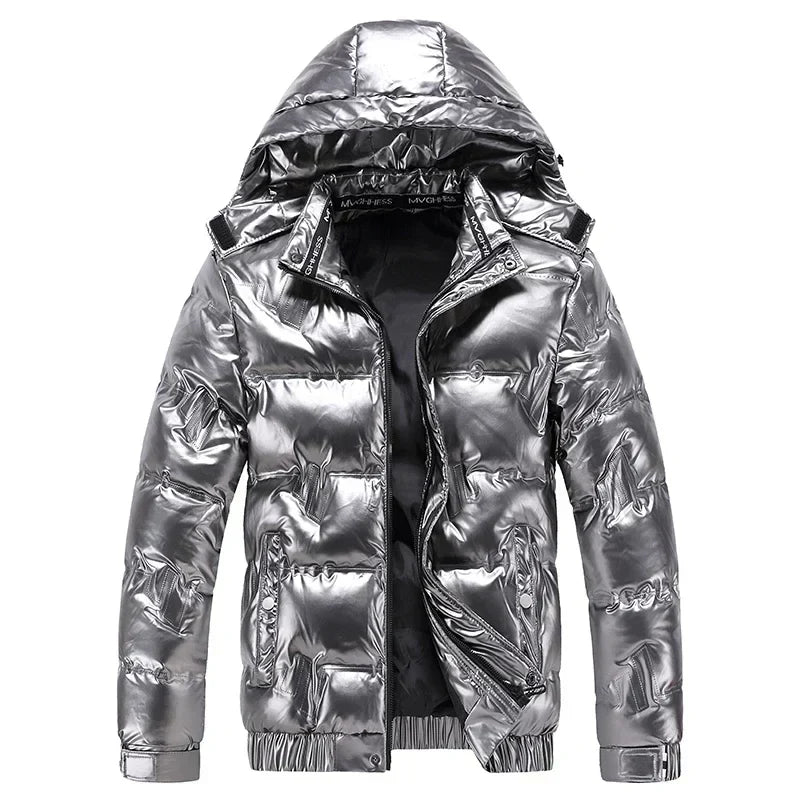 Mens Hooded Puffer Jacket High Gloss Snap Placket