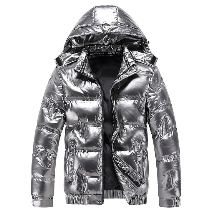 Mens Hooded Puffer Jacket High Gloss Snap Placket