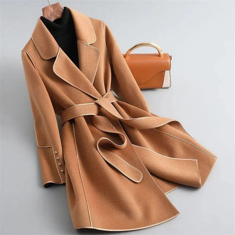 Womens Wool Coat Belted Tailored Wrap Overcoat