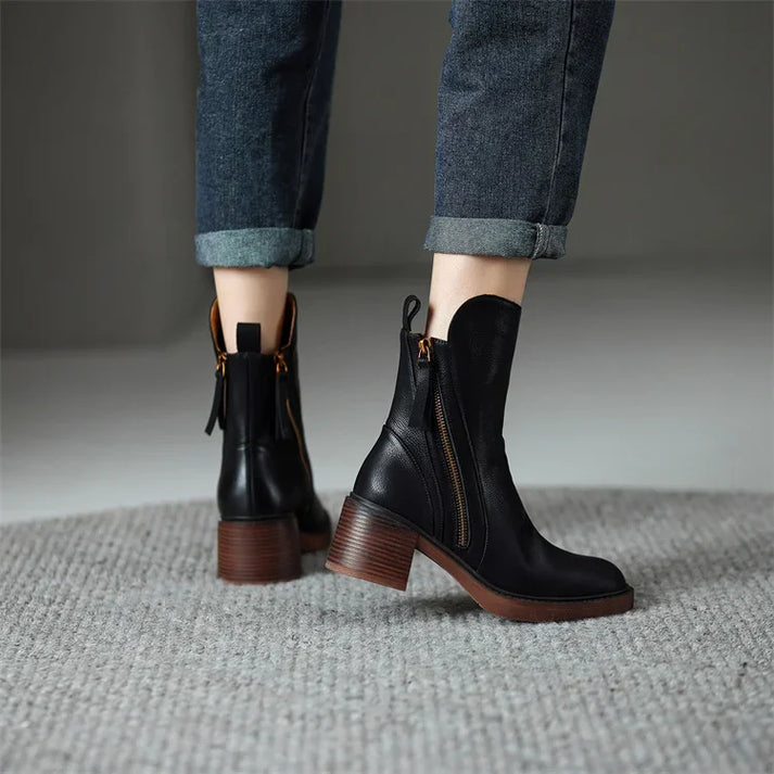 Womens Ankle Boots Leather with Zipper Closure - BritishMode