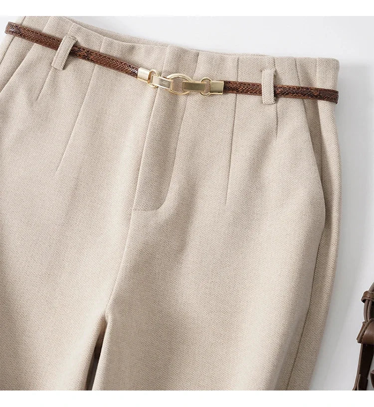 Womens High-Waist Wide-Leg Trousers Polyester Tailored Fit with Belt