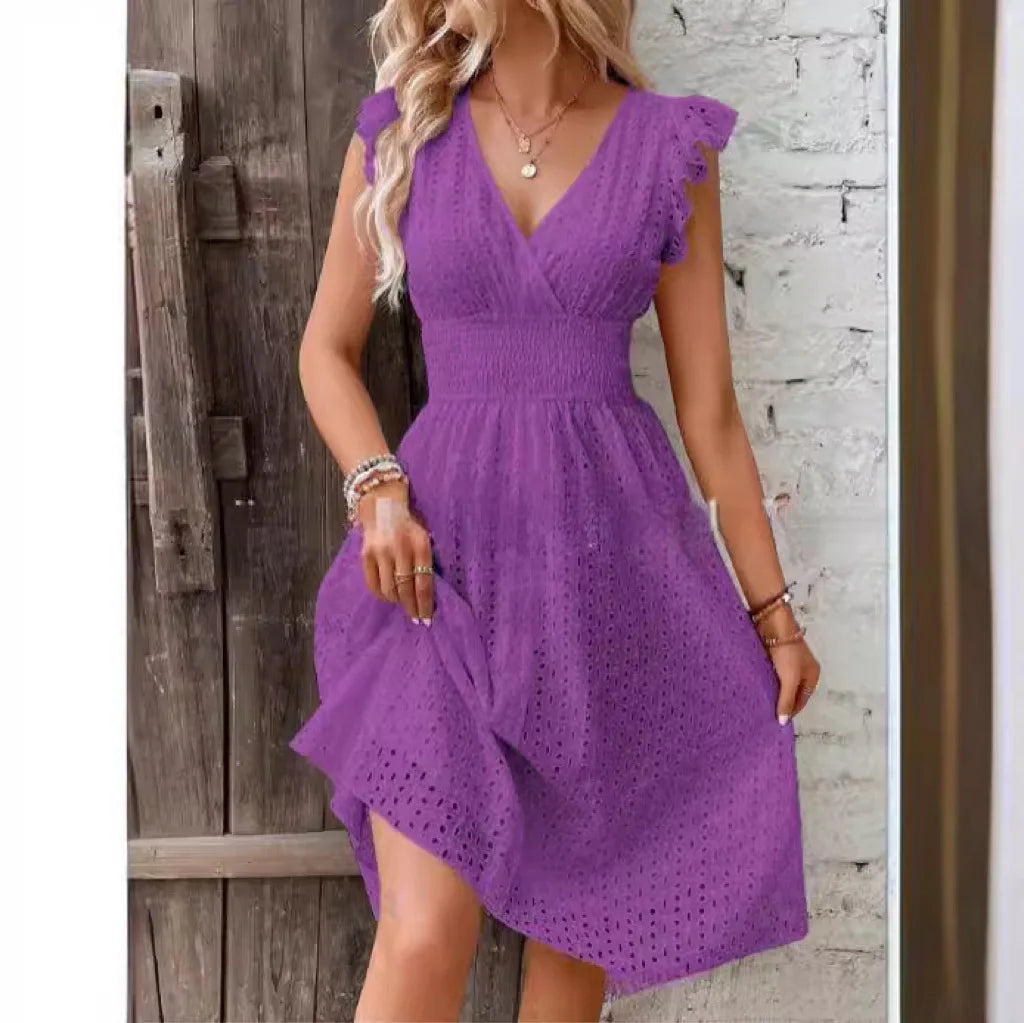 Womens Midi Dress with Lace and V-Neck