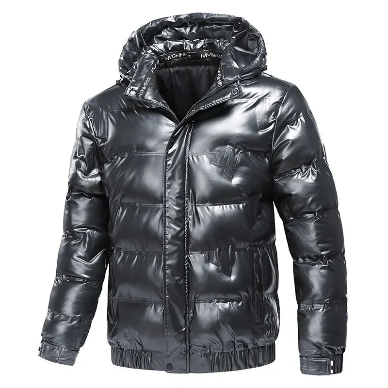 Mens Hooded Puffer Jacket High Gloss Snap Placket