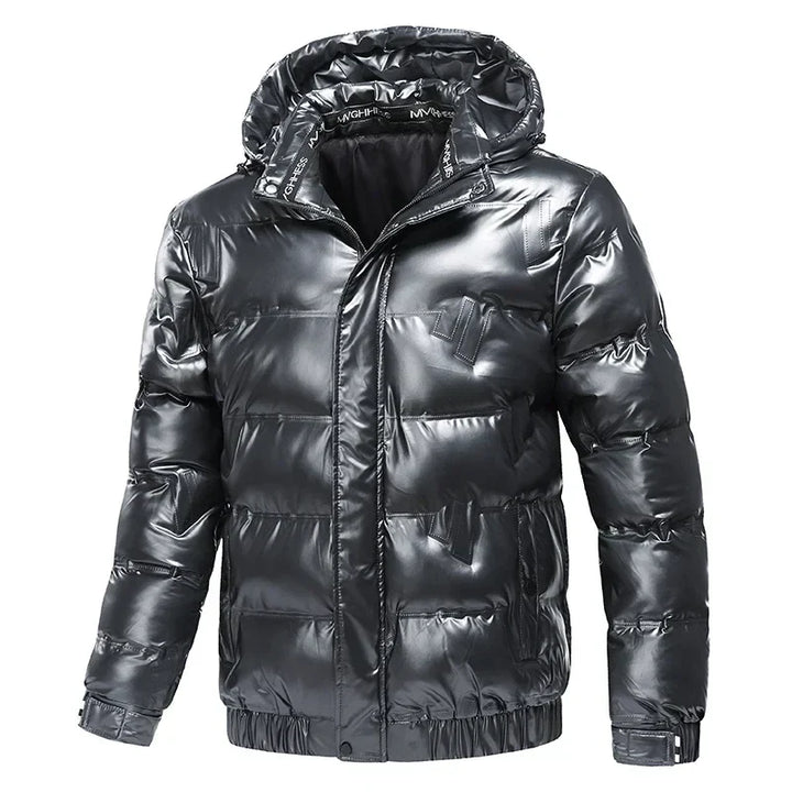 Mens Hooded Puffer Jacket High Gloss Snap Placket