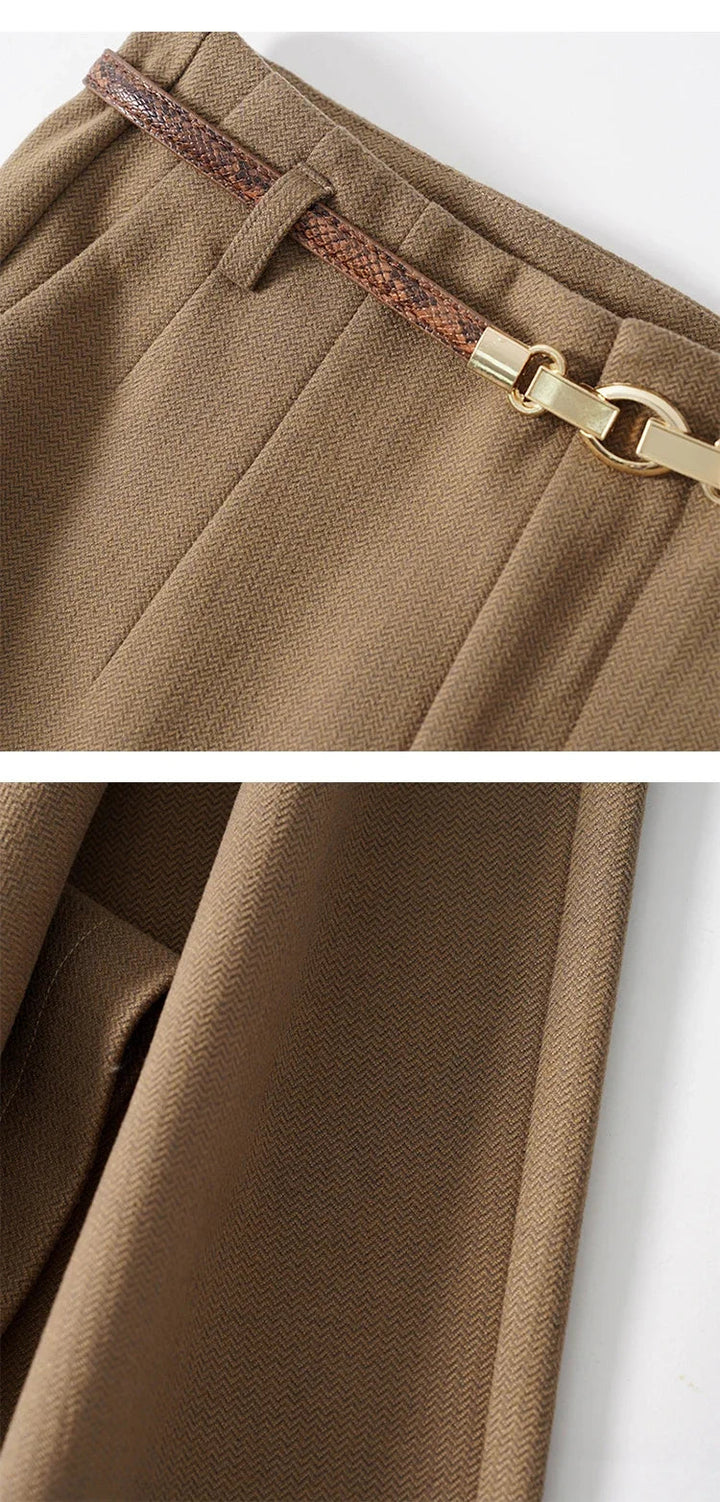 Womens High-Waist Wide-Leg Trousers Polyester Tailored Fit with Belt