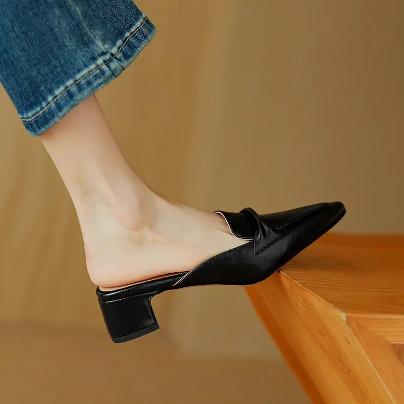 Womens Leather Mules Genuine Material Slip-On