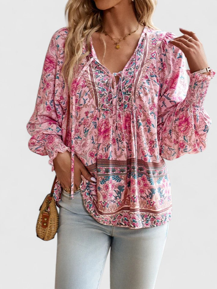 Womens Peasant Blouse Lightweight Long Sleeve Relaxed Fit - BritishMode