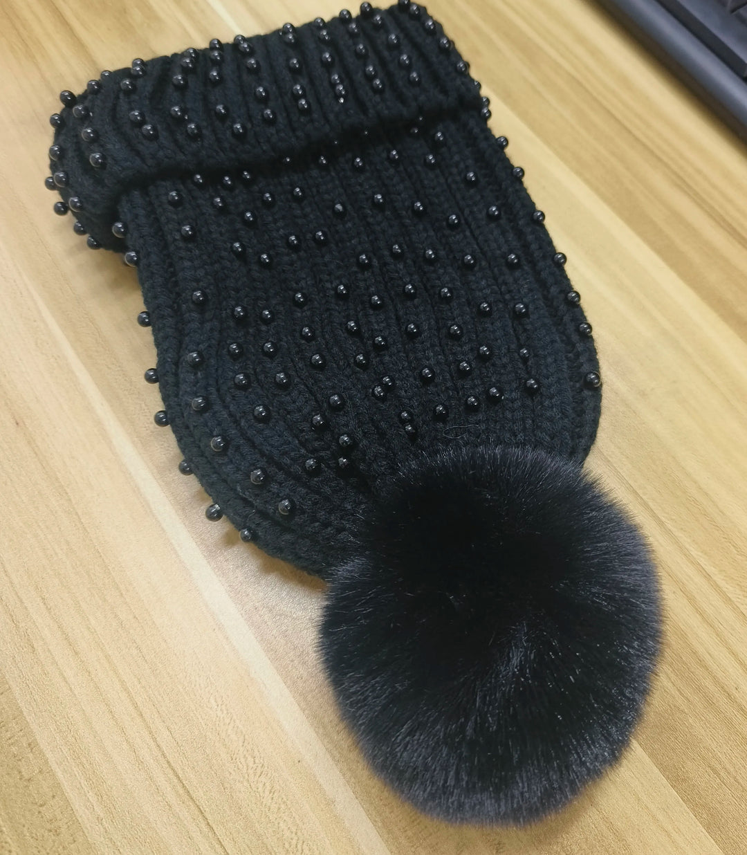 Unisex Winter Knit Hat with Beaded Pom Pom