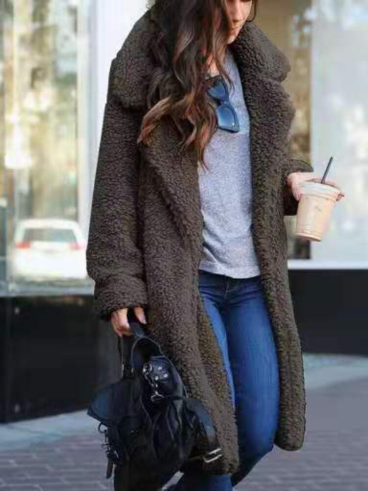 Womens Long Fleece Teddy Coat Soft Fit