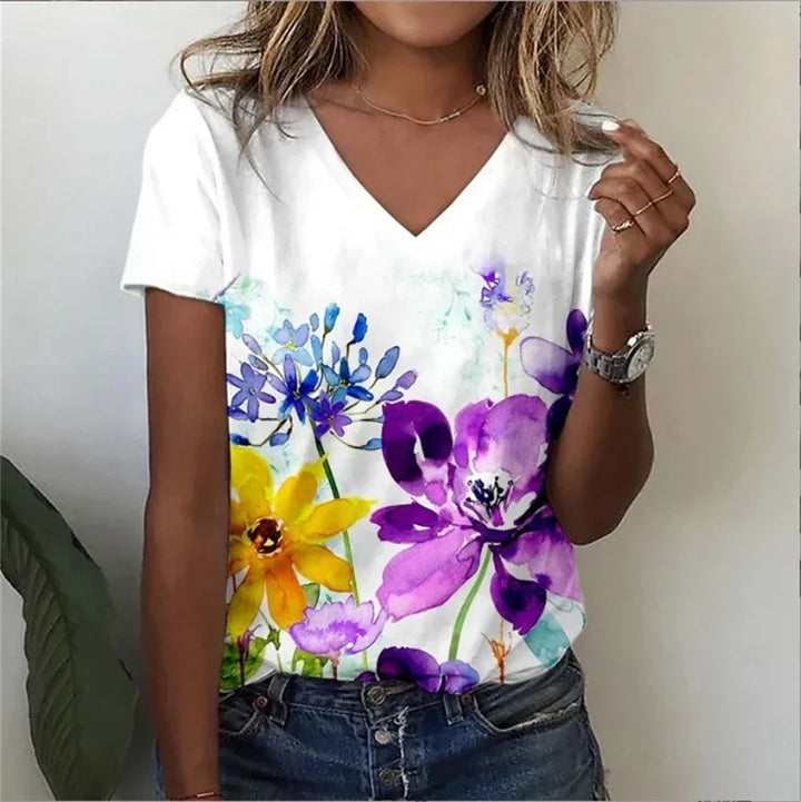 Womens V-Neck T-Shirt Cotton Loose Fit Casual