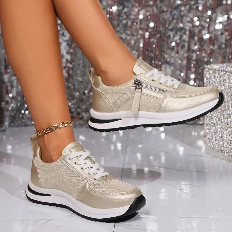 Womens Lace-Up Sneakers with Zip and Platform Sole