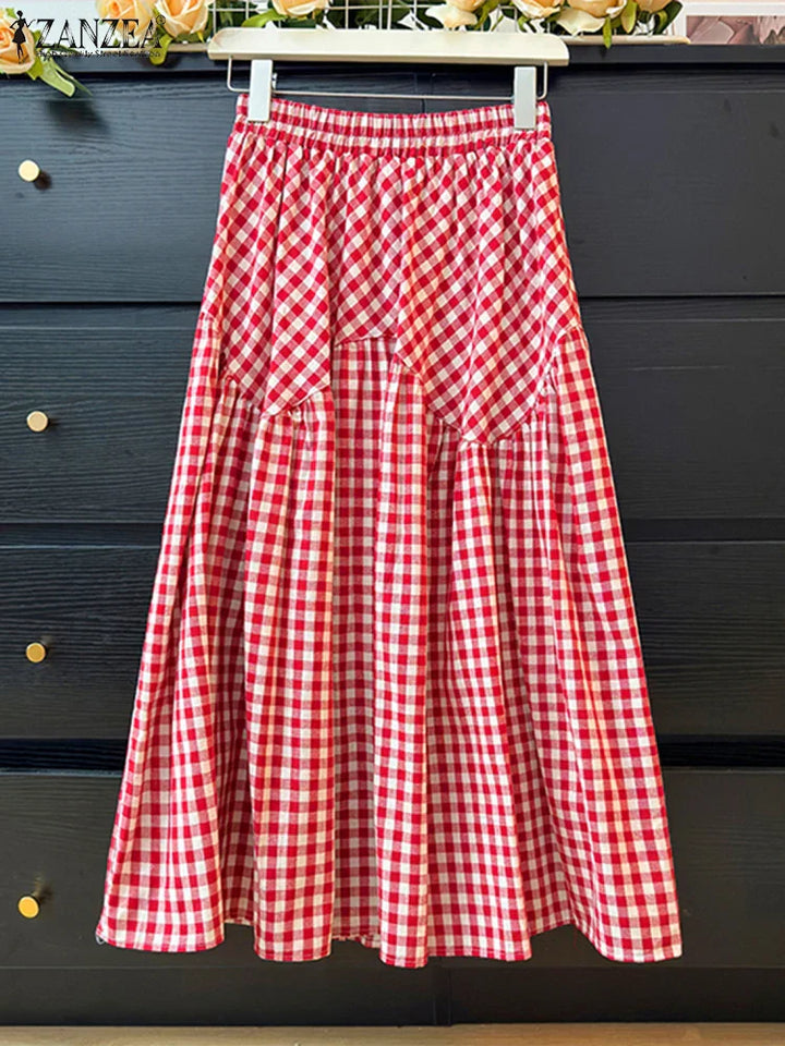 Womens Flared Skirt with Checked Pattern Long Length - BritishMode