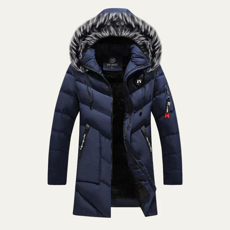 Mens Quilted Parka with Hood and Faux Fur Trim