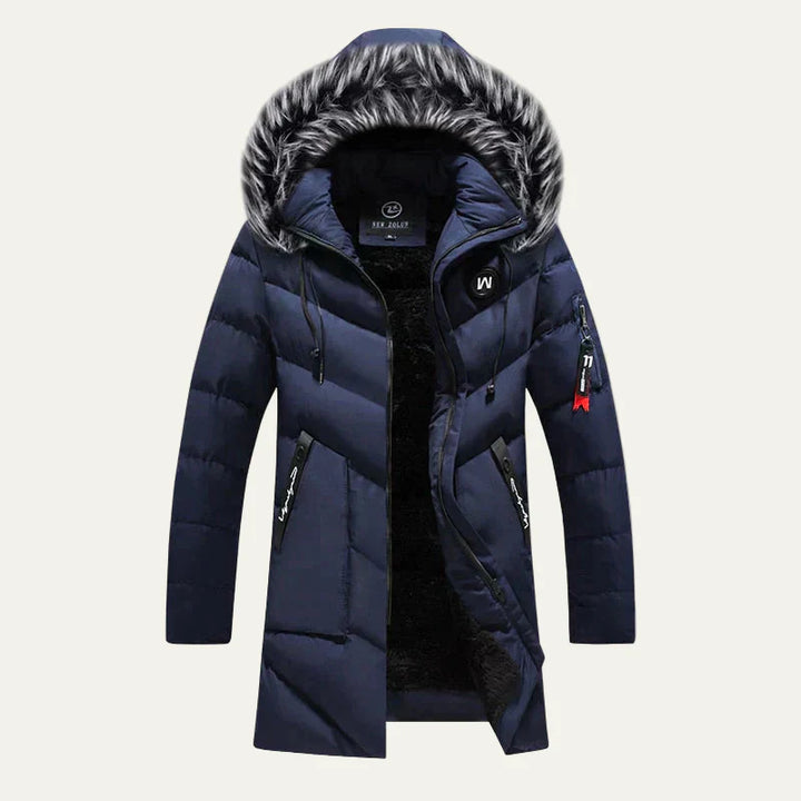 Mens Quilted Parka with Hood and Faux Fur Trim