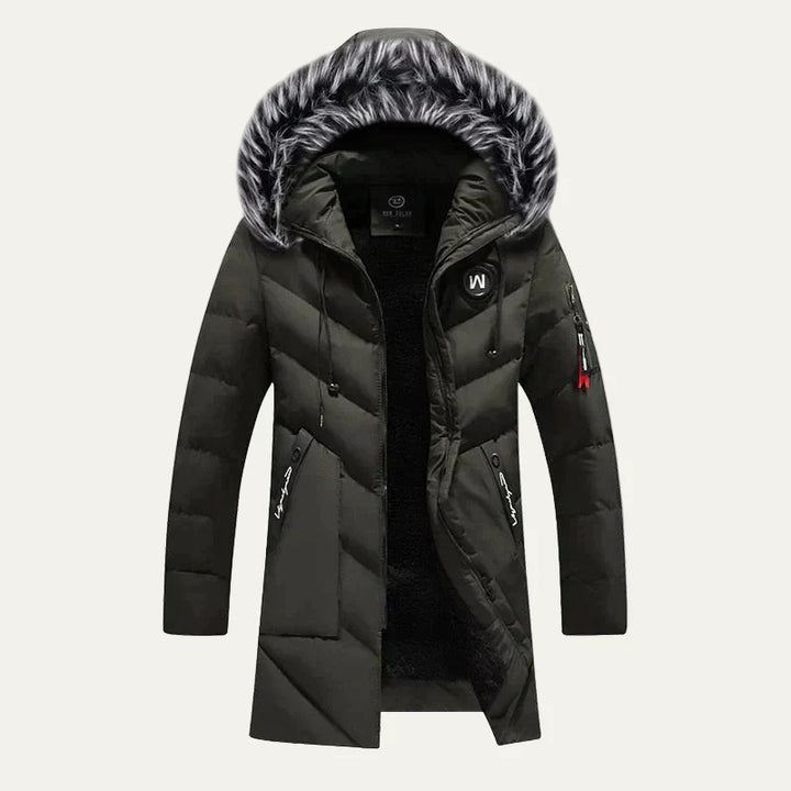 Mens Quilted Parka with Hood and Faux Fur Trim