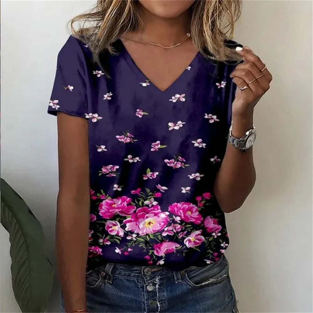 Womens V-Neck T-Shirt Cotton Loose Fit Casual