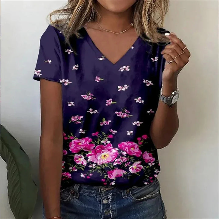 Womens V-Neck T-Shirt Cotton Loose Fit Casual