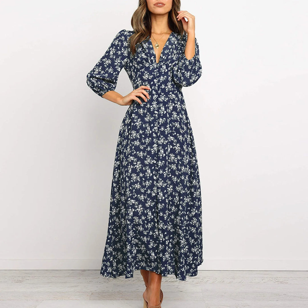 Womens Long Dress with V-Neck Floral Pattern - BritishMode