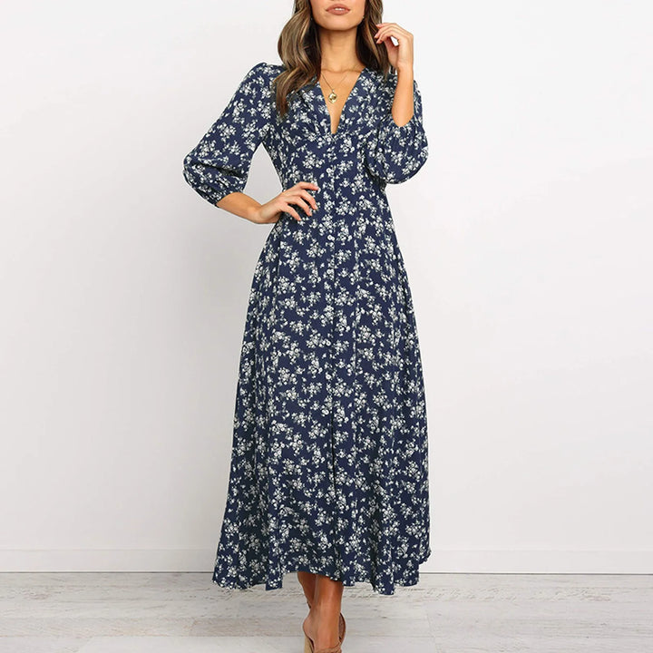 Womens Long Dress with V-Neck Floral Pattern - BritishMode