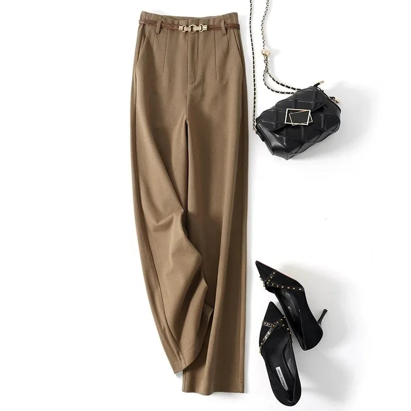Womens High-Waist Wide-Leg Trousers Polyester Tailored Fit with Belt
