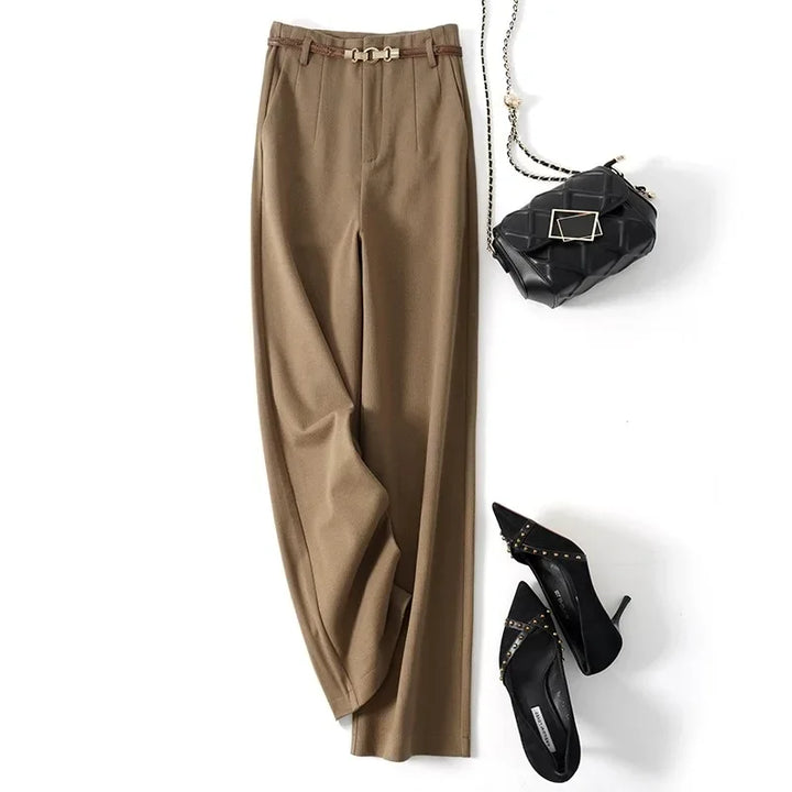 Womens High-Waist Wide-Leg Trousers Polyester Tailored Fit with Belt
