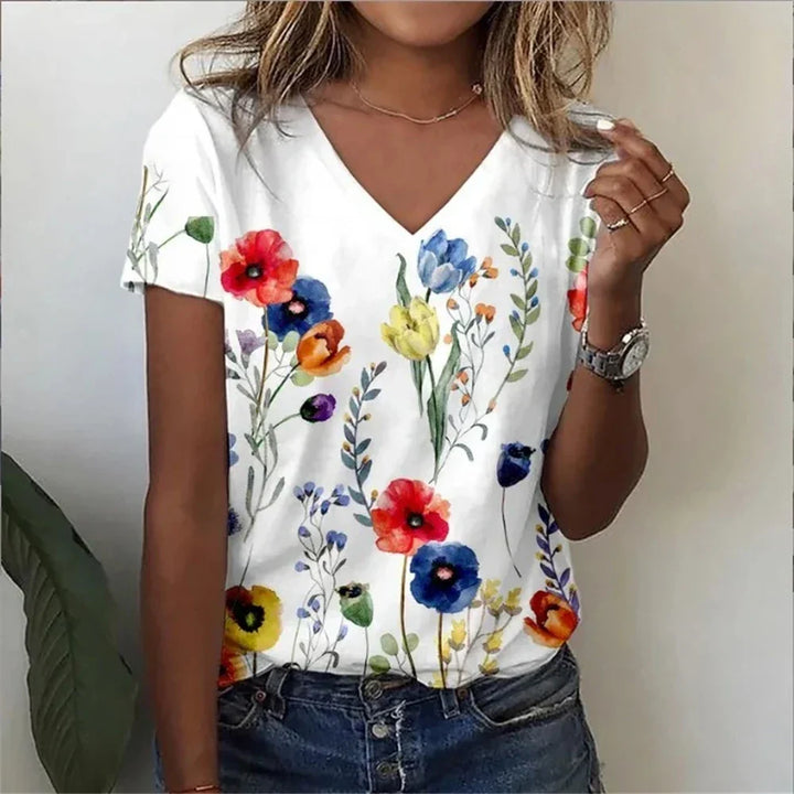 Womens V-Neck T-Shirt Cotton Loose Fit Casual - BritishMode