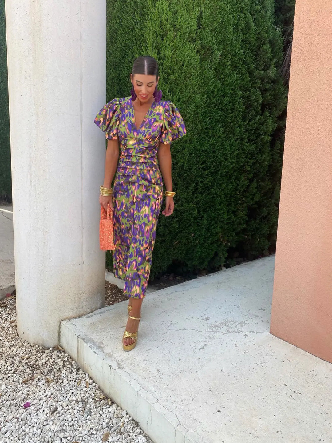 Womens Fitted Midi Dress with Printed Fabric and Buff Sleeve