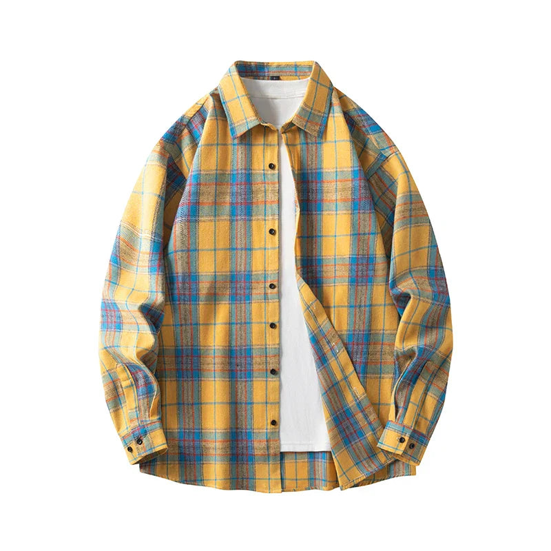 Mens Cotton Shirt Plaid Pattern Long Sleeve Casual Fit