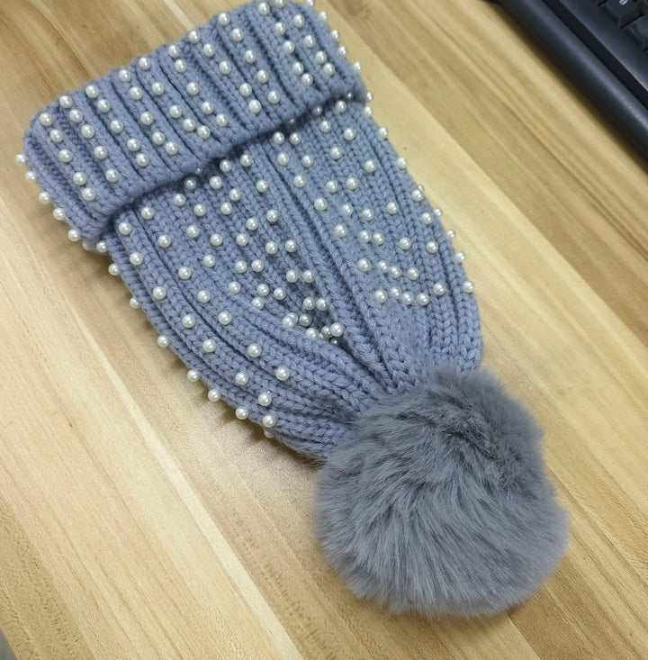 Unisex Winter Knit Hat with Beaded Pom Pom