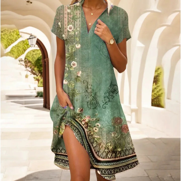 Womens Floral Dress with V-Neck and Button Front
