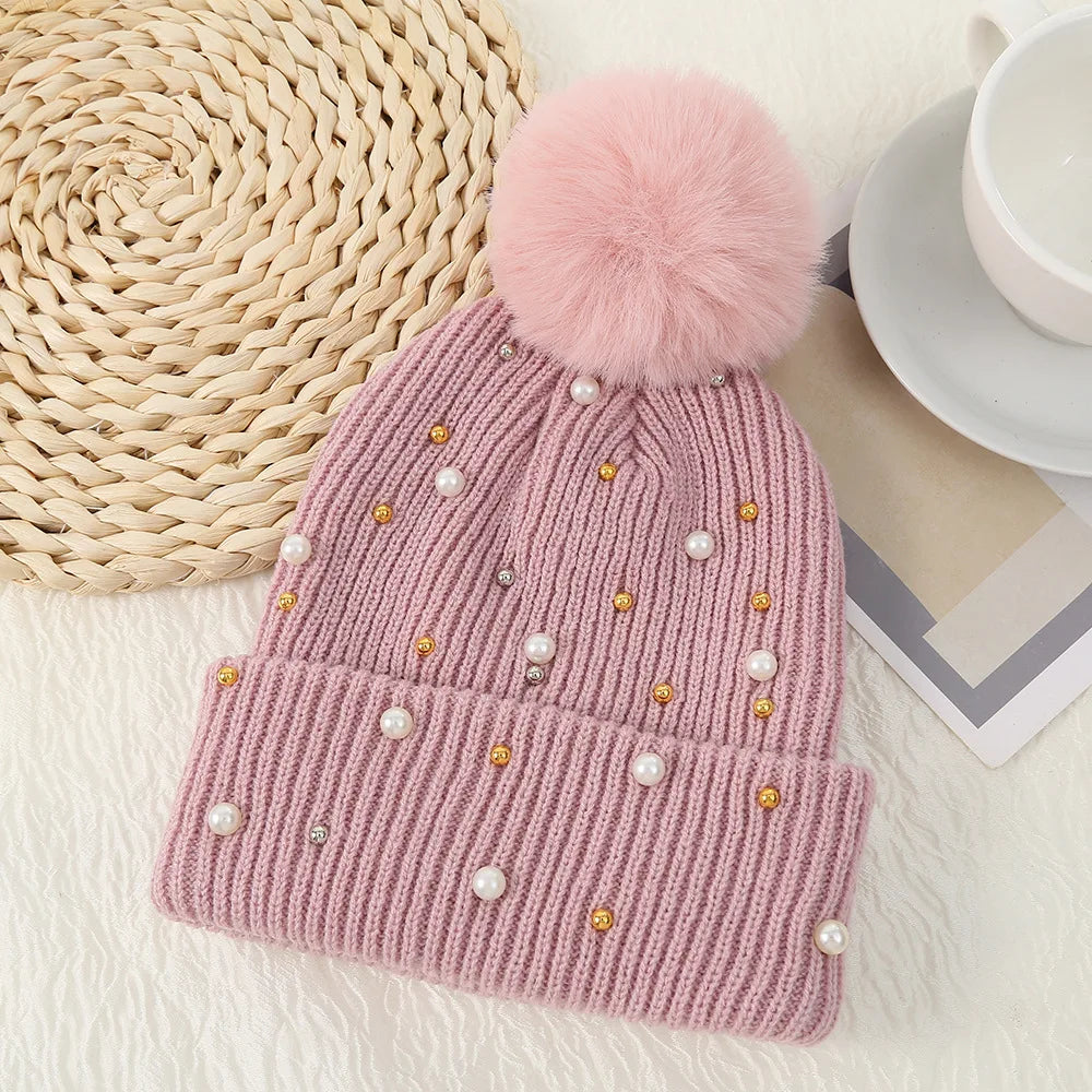 Unisex Winter Knit Hat with Beaded Pom Pom
