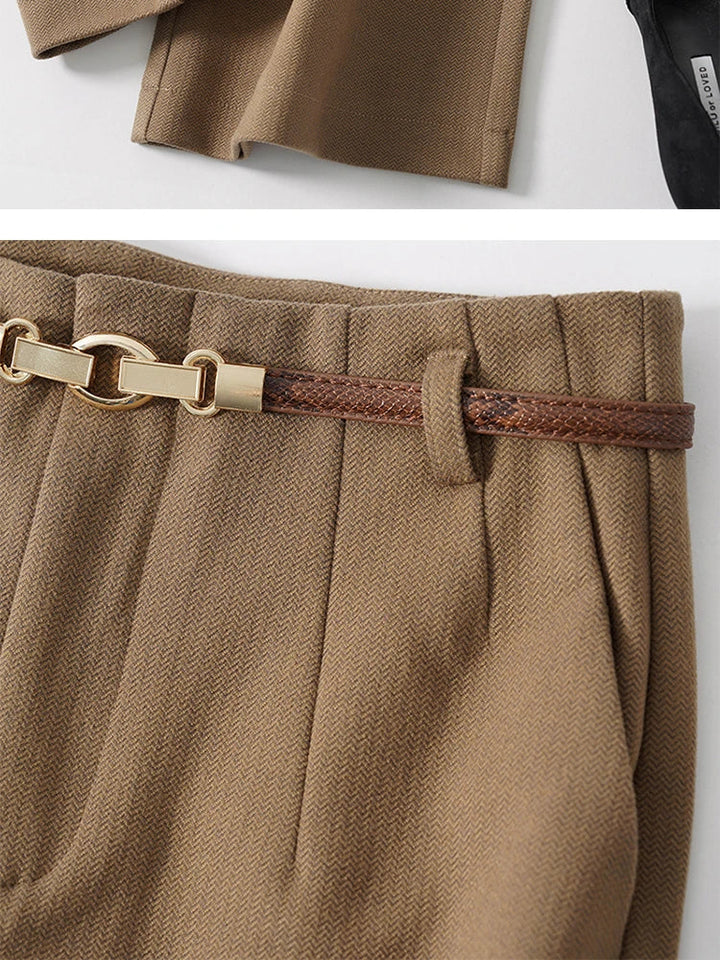 Womens High-Waist Wide-Leg Trousers Polyester Tailored Fit with Belt