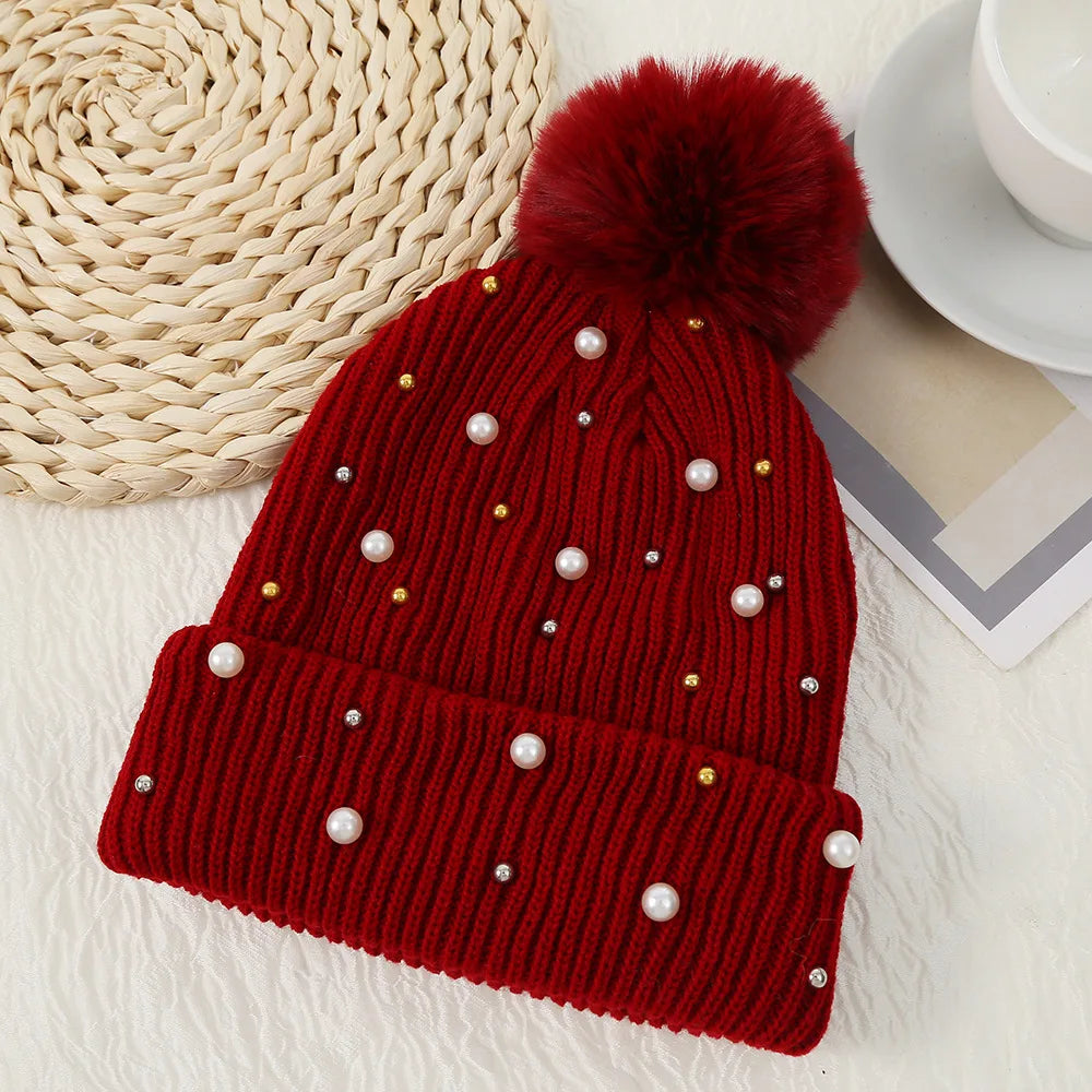Unisex Winter Knit Hat with Beaded Pom Pom