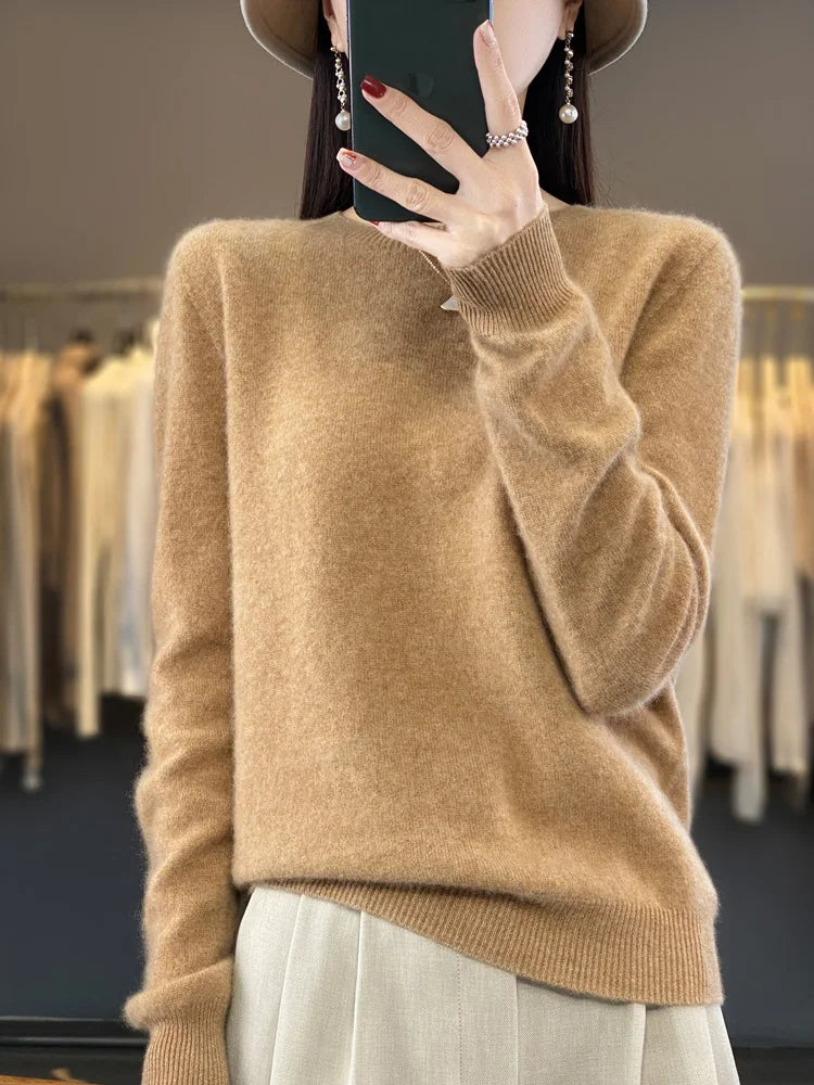Womens Merino Wool Sweater O-Neck Soft Fit