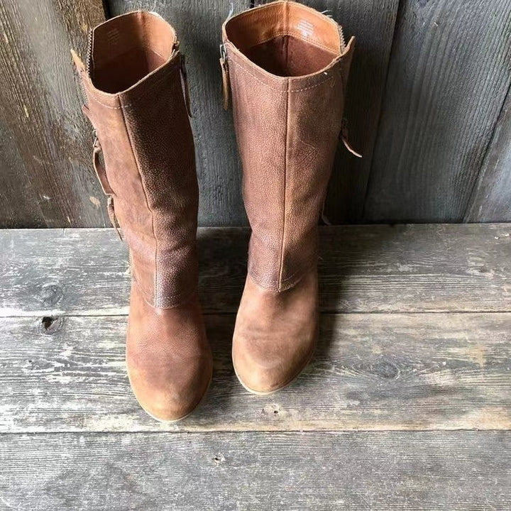 Womens Leather Mid-Calf Boots Zip Closure Block Heel