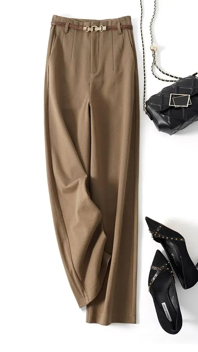Womens High-Waist Wide-Leg Trousers Polyester Tailored Fit with Belt