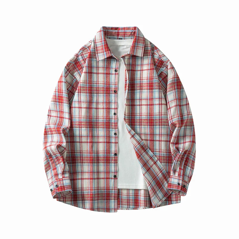 Mens Cotton Shirt Plaid Pattern Long Sleeve Casual Fit
