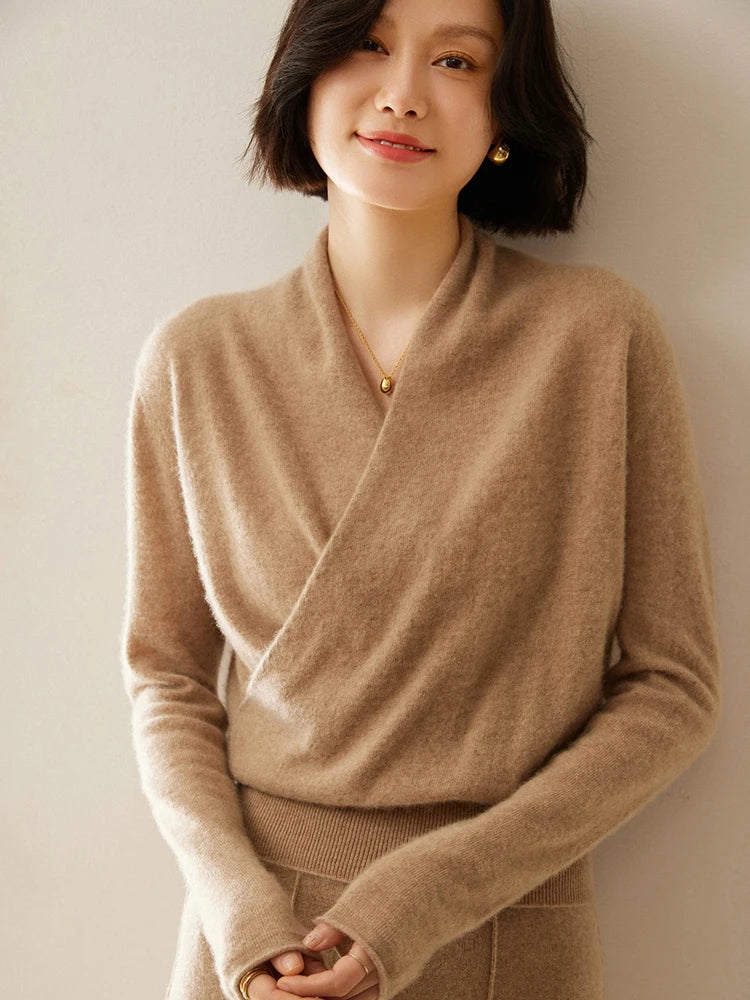 Womens Cashmere Wrap Sweater Soft Knit Crossover Style