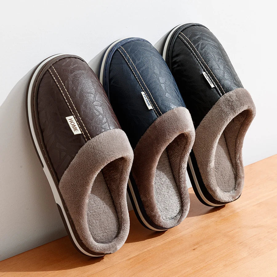 Mens Faux Leather Slippers with Soft Fur Lining Cozy Fit - BritishMode
