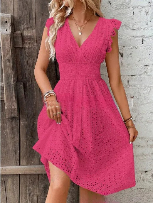 Womens Midi Dress with Lace and V-Neck