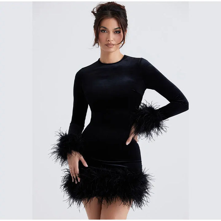 Womens Sheath Dress Feather-Trimmed Sleeves Elegant Fit
